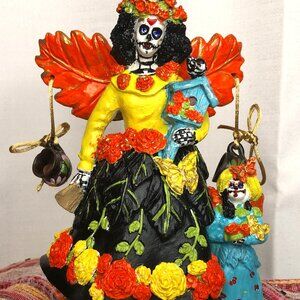 Hand Painted Fairy Dia de Muertos Resin Skeleton Statue 8-1/4"Marigolds by Klare